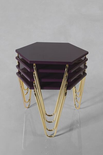 Veys Sehpa 4 Lü Gold Piramit Zigon Sehpa - Mürdüm