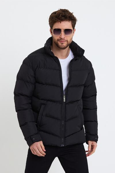 Bossago Erkek Siyah Dik Yaka Gizli Kapüşon Içi Kürklü Su Ve Rüzgar Geçirmez K...