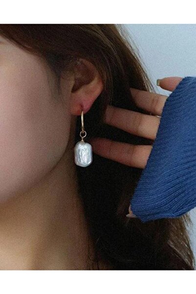 GO Sİ ON 14k Altın Kaplama Kare Barok Inci Halka Küpe