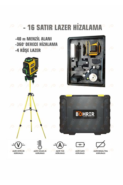 BÖHRER Profesyonel 2x Li-on Batarya 4x360 16 Satır Otomatik Hizalama Çapraz Çizgi Lazer + Kumanda+tripod