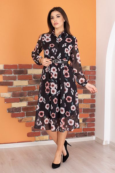 Neşeli Butik Rochie din șifon cu imprimeu floral cu guler cămașă pentru femei Ry0031