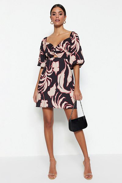 Trendyol Collection Rochie neagră țesută cu model, mini bumbac, cu croială dreaptă, TWOSS23EL00284