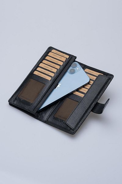 DERİNSS Drc7533 Genuine Leather Black Wallet & Phone Holder with Plate