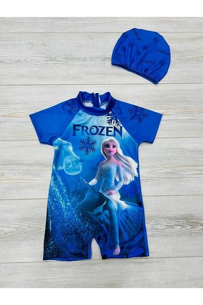 pistyle Girl's Frozen Patterned Blue Full Body Swimsuit and Bone, Pack of 2