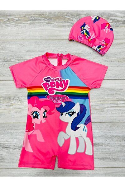 pistyle Kız Çocuk My Littlepony Desenli Pembe Mor Tam Vucud Mayo Ve Bone.2'li