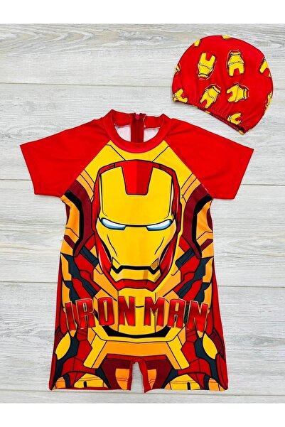 pistyle Erkek Çocuk Demir Adam Desenli Sarı Kırmzı Tam Vucud Mayo Ve Bone.2'li