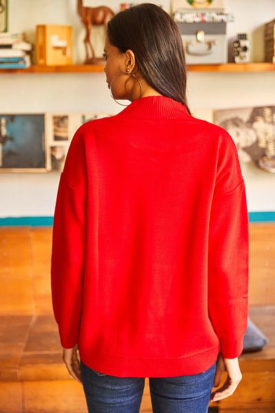 Olalook Roter Rollkragenpullover für Damen mit weicher, strukturierter, lockerer Strickware KZK-19000531