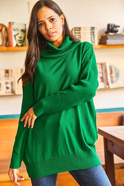 Olalook Σμαραγδένια Πράσινη Πλεκτή Μπλούζα Oversize - Γιακάς και Κρυφές Τσέπες BLZ- 19002109