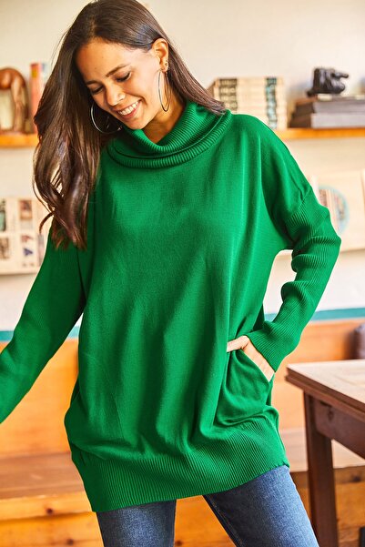 Olalook Σμαραγδένια Πράσινη Πλεκτή Μπλούζα Oversize - Γιακάς και Κρυφές Τσέπες BLZ- 19002109