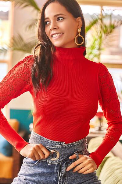 Olalook Női piros álló gallér ujjú áttört köntös részletes kötöttáru Ice BLZ-19002107