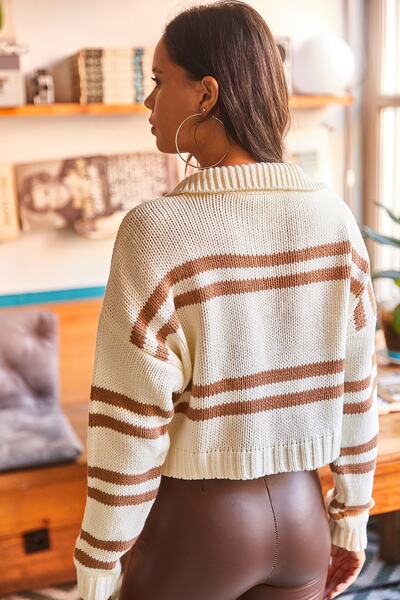 Olalook Dámský ecru velbloudí polo výstřih s proužkovaným pleteným svetrem KZK-19000550