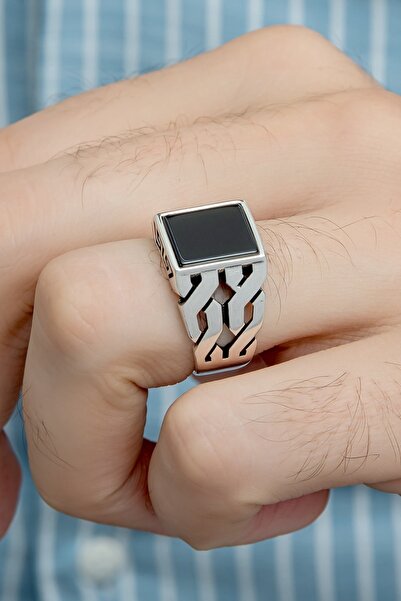 ALYANSEVİM Kare Oniks Taşlı 925 Gümüş Erkek Yüzük