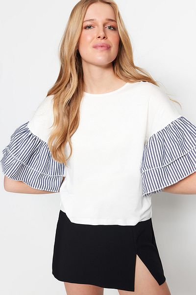 Trendyol Collection Bluză tricotată cu detaliu din popelin alb, cu croială relaxată/largă, tricotată cu decolteu, TWOSS23BZ00065