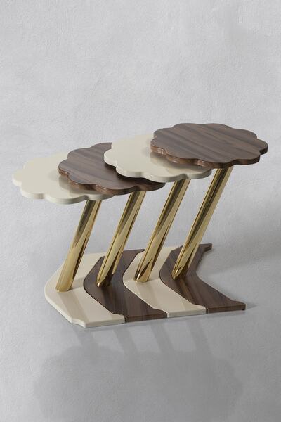 Veys Sehpa 4 Lü Gold Papatya Zigon Sehpa - Ceviz - Krem