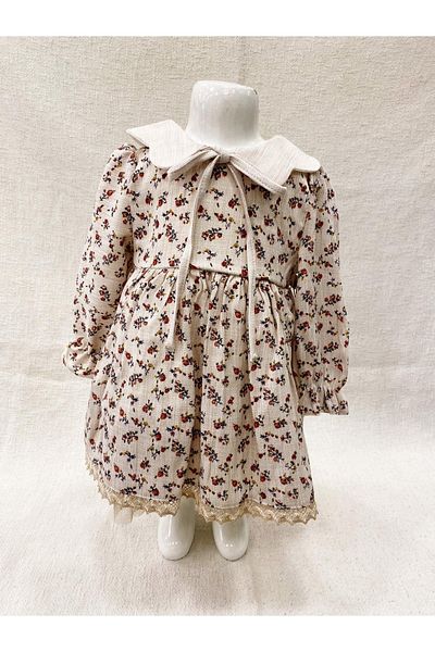 Mymio Girl's Dress Natural Floral Collar Detailed Muslin Fabric