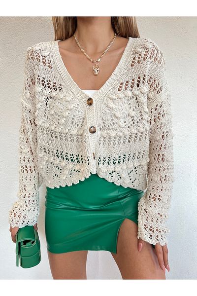 LE CARAMBOLE Women's Stone Color Lace Detailed 3 Button Front Openwork Cardigan