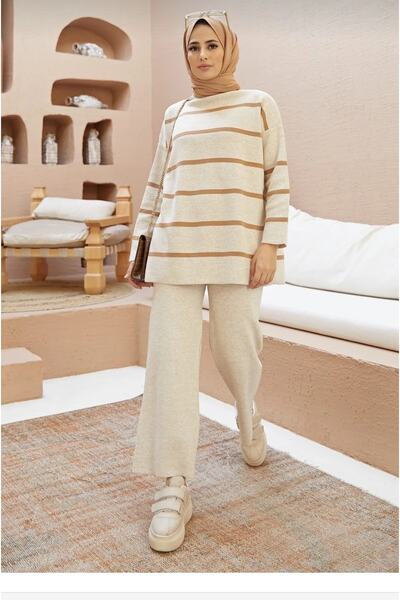 She Olive Σετ Πλεκτομηχανικής Κατασκευής Ριγέ Χιτζάμπ ψηλός λαιμός