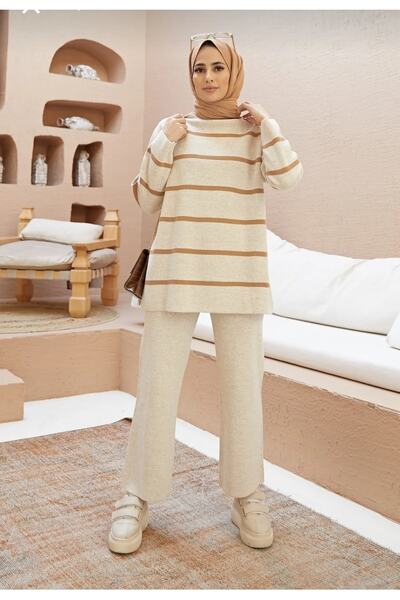 She Olive Σετ Πλεκτομηχανικής Κατασκευής Ριγέ Χιτζάμπ ψηλός λαιμός