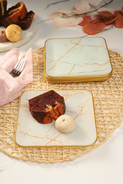 GÜRCÜGLASS Beyaz Mermer Kare Pasta Tabağı 18 Cm 6 Adet.