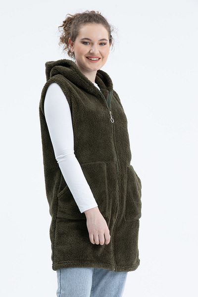 MODA VUSLAT Women's Khaki Green Long Zippered Fleece Vest
