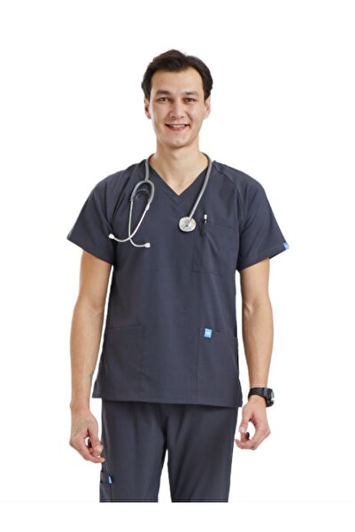 Wio Uniform Basıc- Erkek Likralı Koyu Gri Doktor Hemşire Cerrahi Üniforma Üst