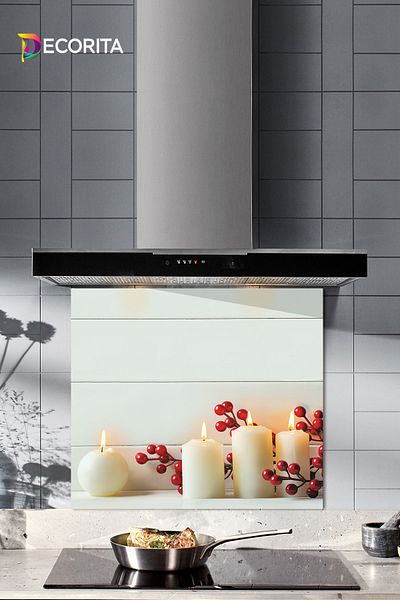 Decorita Protector de spate pentru aragaz din sticla |   Model de lumânare albă |   52 cm X 60 cm