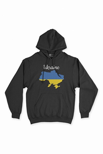 Cix Hanorac negru supradimensionat cu glugă, cu hartă și steagul Ucrainei