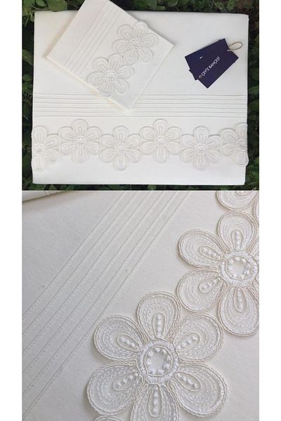 Çeyiz Bahçesi Σετ Παπλωματοθήκη με ραβδώσεις Flowers Cream Διπλό Σετ Παπλωματοθήκης