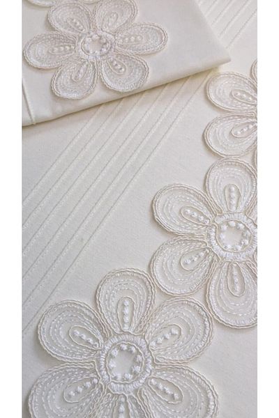 Çeyiz Bahçesi Σετ Παπλωματοθήκη με ραβδώσεις Flowers Cream Διπλό Σετ Παπλωματοθήκης