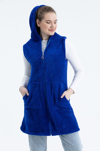 MODA VUSLAT Women's Saks Blue Long Zippered Fleece Vest