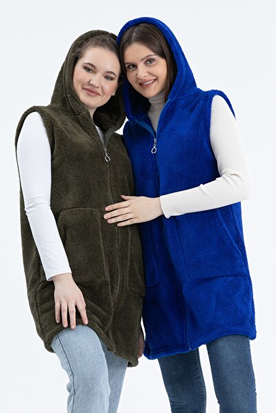 MODA VUSLAT Women's Saks Blue Long Zippered Fleece Vest