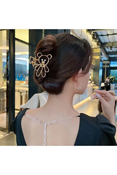 QUEEN AKSESUAR Trend Fashion Large Luxury Gold Metal Teddy Bear Women's Children's Clothespin Clip Buckle with Pearls and Stones