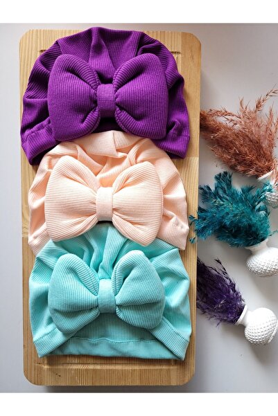 SeherBebeButik Kız Bebek & Çocuk Renkli Fiyonk Bone 3'lü Set