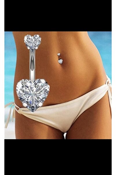 Arescollection Cerrahi Çelik Gümüş Renk Zirkon Taşlı Kalp Göbek Piercingi