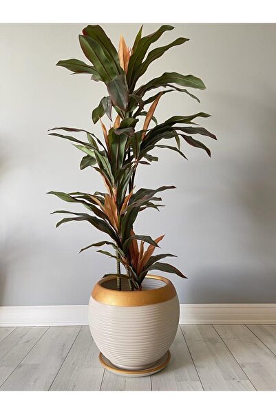 odka 40litre Küre Saksı Tabaklı 37cmx37cm Çizgili Krem-gold Renk