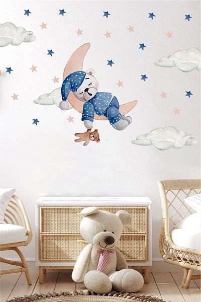 Piksel Grafik Autocolant de perete pentru cameră pentru copii Cute Bear Cloud Sleep