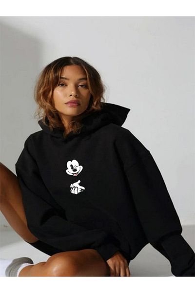FAVORİST Unisex Black Hoodie Mickeycool