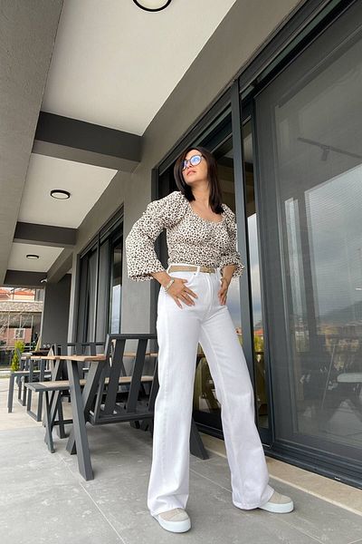 MAKRAS EXCLUSIVE 90's White Lycra Super ψηλόμεσο φαρδύ τζιν παντελόνι Palazzo. (υπερ-υψηλό) Φαρδύ πόδι
