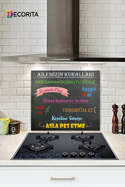 Decorita Cam Ocak Arkası Koruyucu | Kara Tahta Fon - Aile Kuralları | 52cm X ...