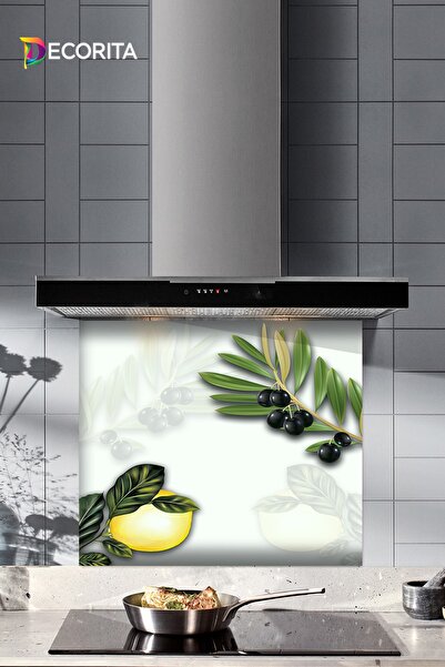 Decorita Cam Ocak Arkası Koruyucu | Zeytin Ve Limon Desen | 52cm X 60cm
