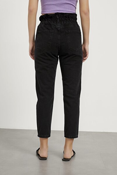 MAKRAS EXCLUSIVE Anthracite Women's Extra High Waist Belt Gathered Mom Jean Trousers