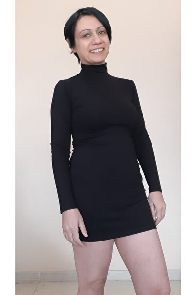 Mertcan Butik Black Turtleneck Combed Cotton Viscose Mini Pencil Dress