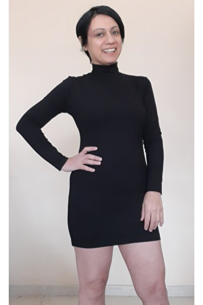 Mertcan Butik Black Turtleneck Combed Cotton Viscose Mini Pencil Dress