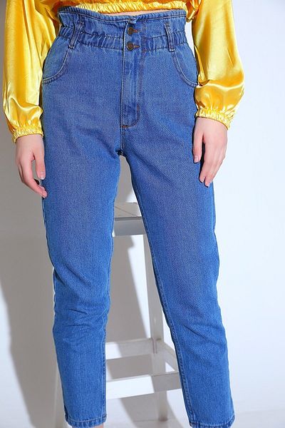 MAKRAS EXCLUSIVE Pantaloni de blugi boyfriend de damă cu talie elastică albastră cu talie cu șnur Mom Jean