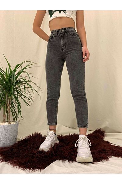 LİMABEL Ψηλόμεσο Lycra Mom Jeans - Καπνιστό, Extra Άνετο Τζιν Παντελόνι