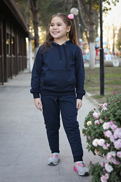 han elegant Κοριτσίστικη φόρμα μονόχρωμη 2 τεμαχίων με τσέπη καγκουρό με κουκούλα