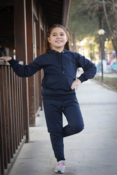 han elegant Κοριτσίστικη φόρμα μονόχρωμη 2 τεμαχίων με τσέπη καγκουρό με κουκούλα