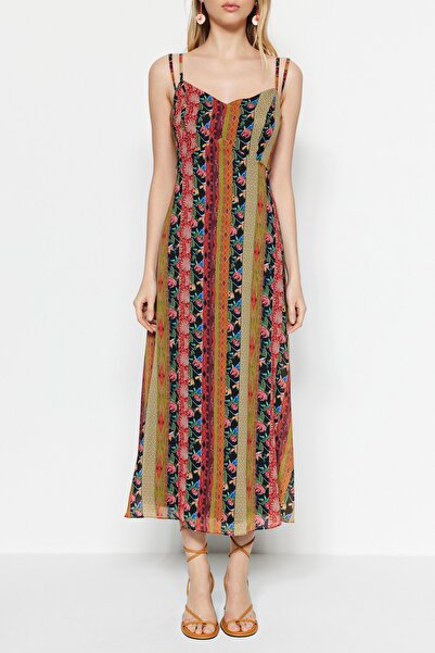 Trendyol Collection Többszínű mintás A-szabású pántos Midi bélelt szőtt ruha TWOSS23EL00989