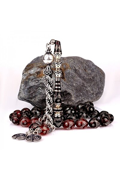 TAKI925 Nakkaş Imame Nokta Gümüş Işlemeli Büyük Boy Ateş Kehribar Tesbih