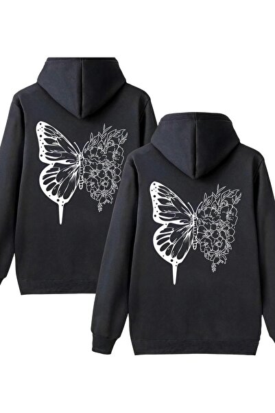 Trend Sizde Unisex Drawing Butterflies Back Printed Hooded 2 Pack Φούτερ Love...